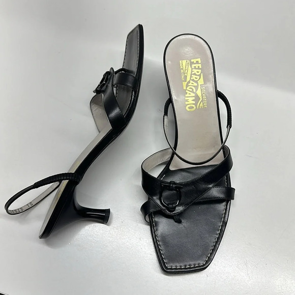 Salvatore Ferragamo High Heel Sandals Shoes Leather Gancini Bit Black Size 9.5 - Picture 1 of 11
